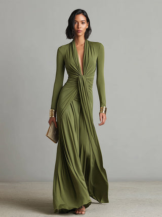 Charlotte | Robe Maxi en Soie Olive avec Décolleté en V Profond Femme