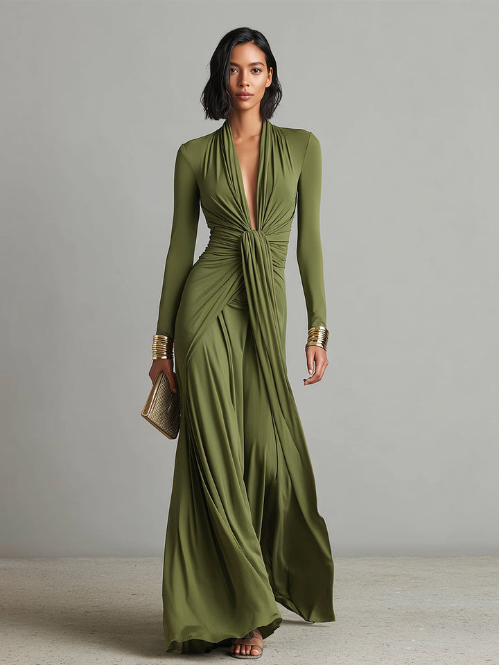 Charlotte | Robe Maxi en Soie Olive avec Décolleté en V Profond Femme