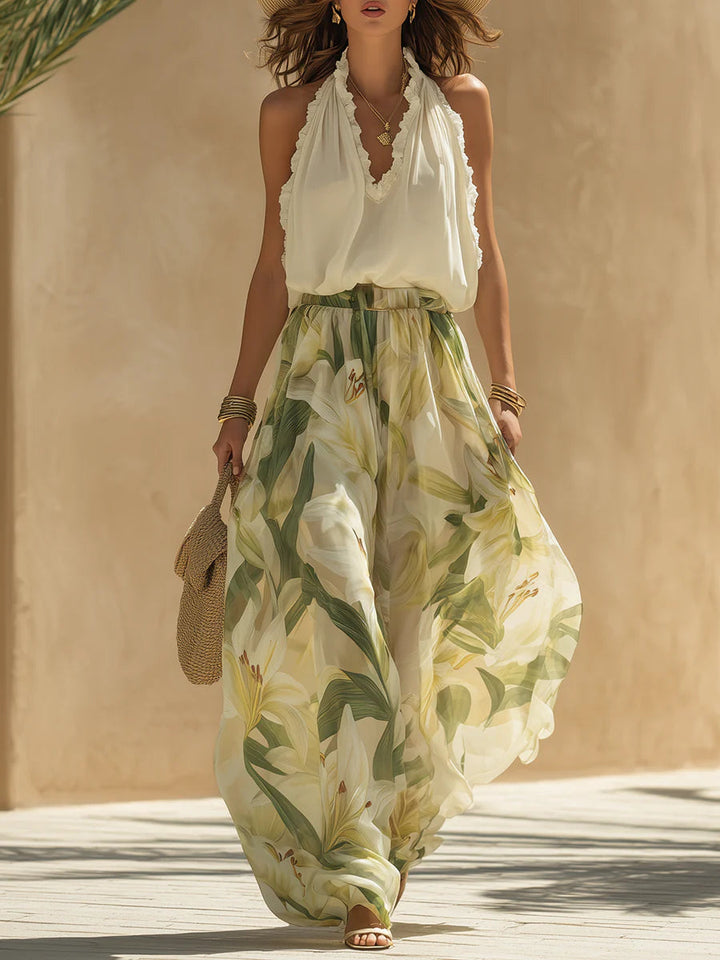 Chloé | Ensemble Top en Chiffon Volant et Pantalon Imprimé Femme