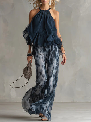 Daphné | Ensemble Top à Col Halter et Pantalon Ample Imprimé Femme