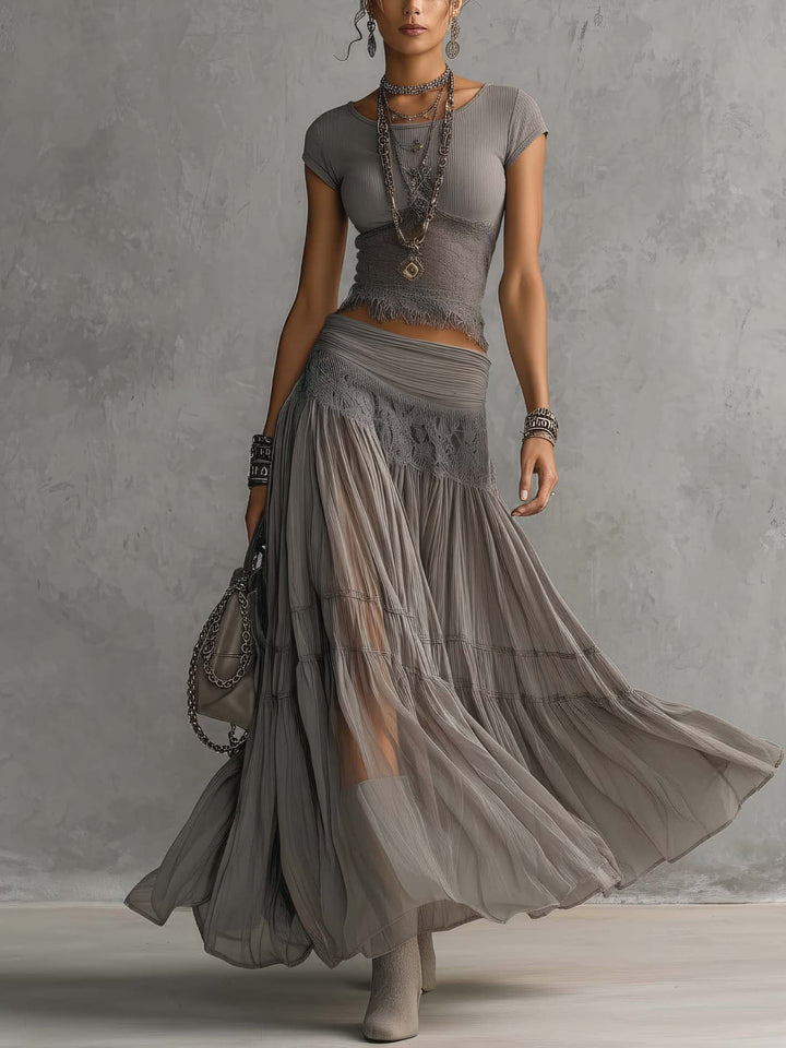 Zoé | Ensemble Top en Dentelle et Jupe Maxi Plissée Femme
