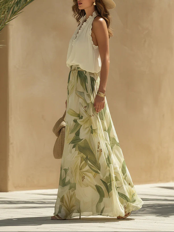 Chloé | Ensemble Top en Chiffon Volant et Pantalon Imprimé Femme