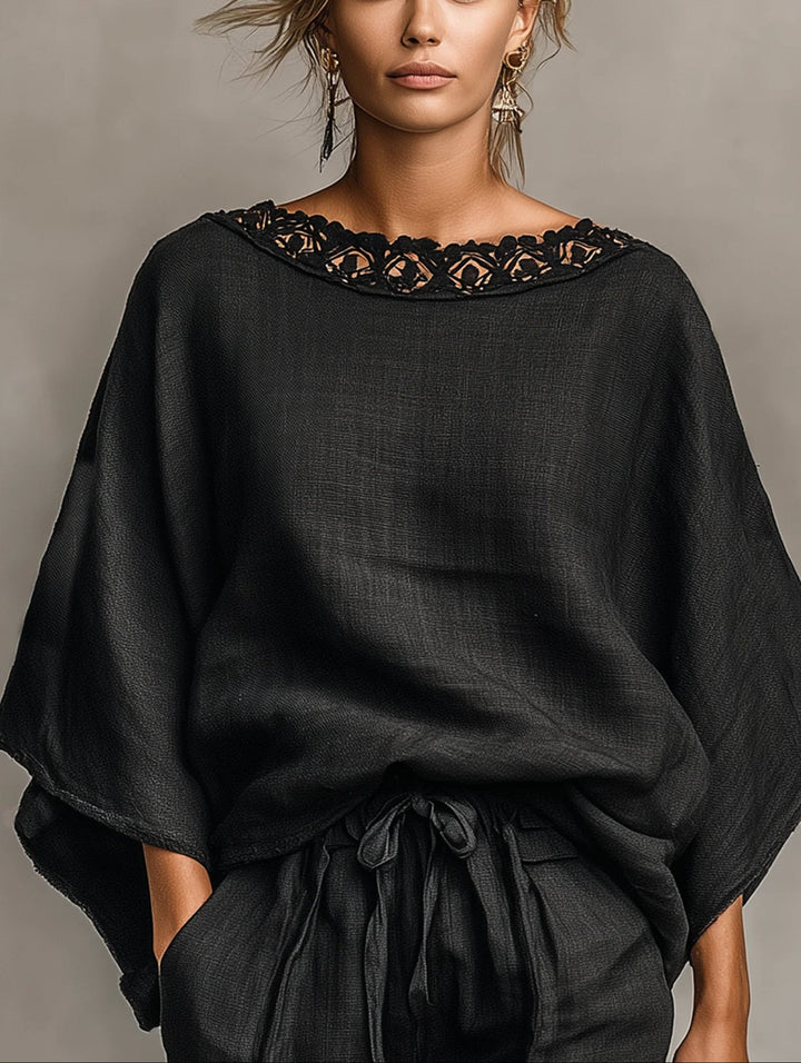 Sophia | Ensemble Blouse à Col Bateau en Dentelle Lila et Shorts Femme
