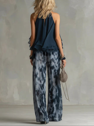 Daphné | Ensemble Top à Col Halter et Pantalon Ample Imprimé Femme