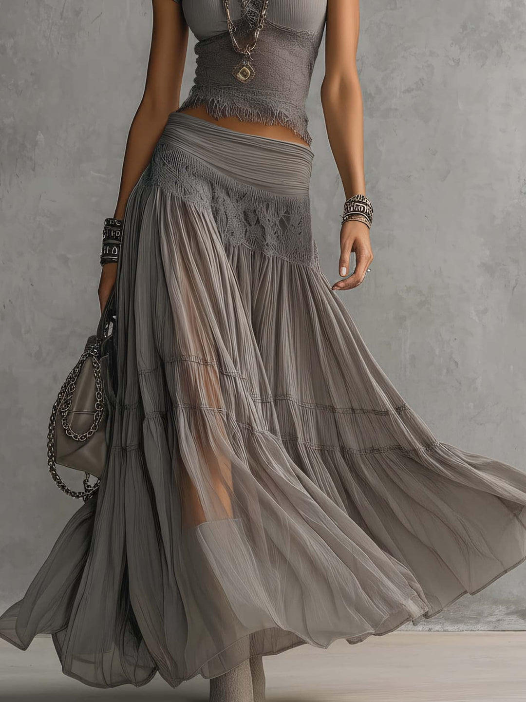 Zoé | Ensemble Top en Dentelle et Jupe Maxi Plissée Femme