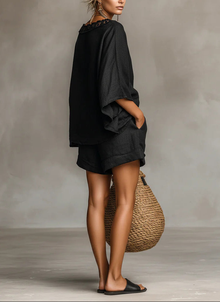 Sophia | Ensemble Blouse à Col Bateau en Dentelle Lila et Shorts Femme