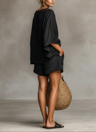 Sophia | Ensemble Blouse à Col Bateau en Dentelle Lila et Shorts Femme