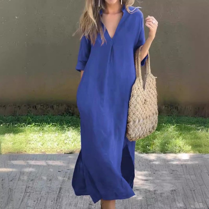 Elena | Robe maxi femme col V à manches longues