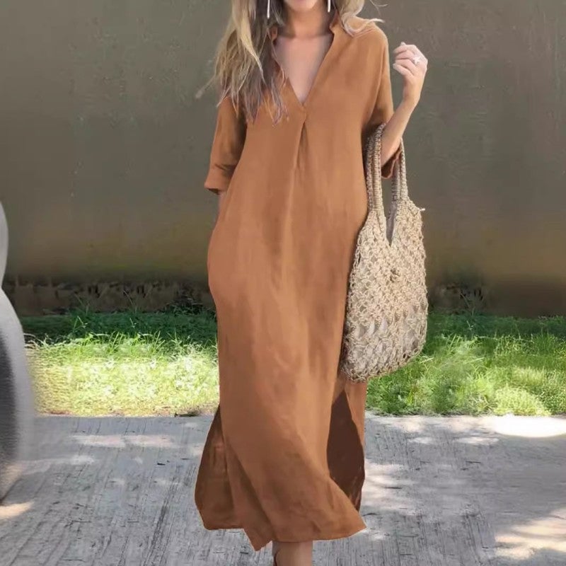 Elena | Robe maxi femme col V à manches longues