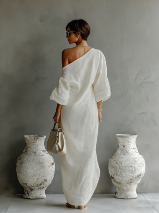 Capucine | Robe Fluide Ivoire avec Épaule Dégagée en Mélange de Lin Femme