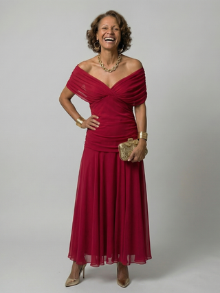 Pénélope | Robes midi fluides off-épaules femme