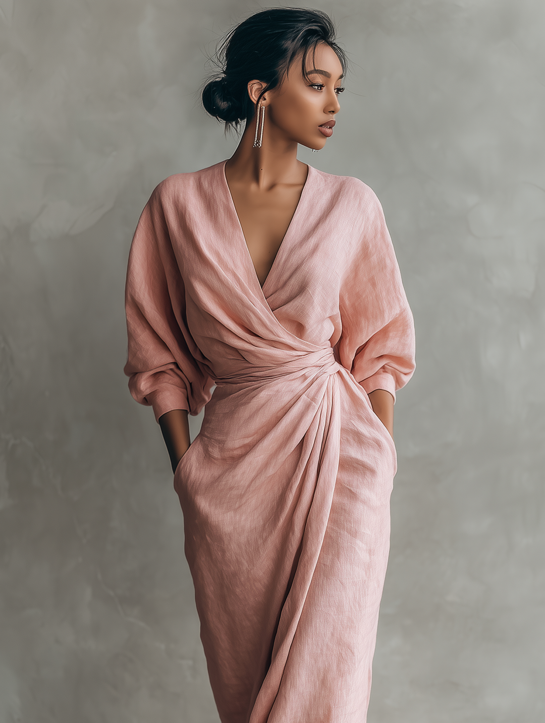 Céleste | Robe Maxi en Lin Rose avec Décolleté en V Femme