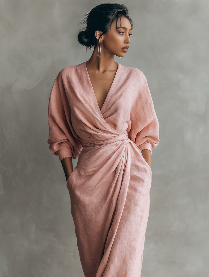 Céleste | Robe Maxi en Lin Rose avec Décolleté en V Femme