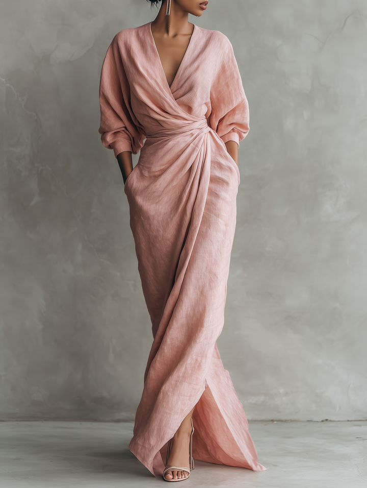 Céleste | Robe Maxi en Lin Rose avec Décolleté en V Femme