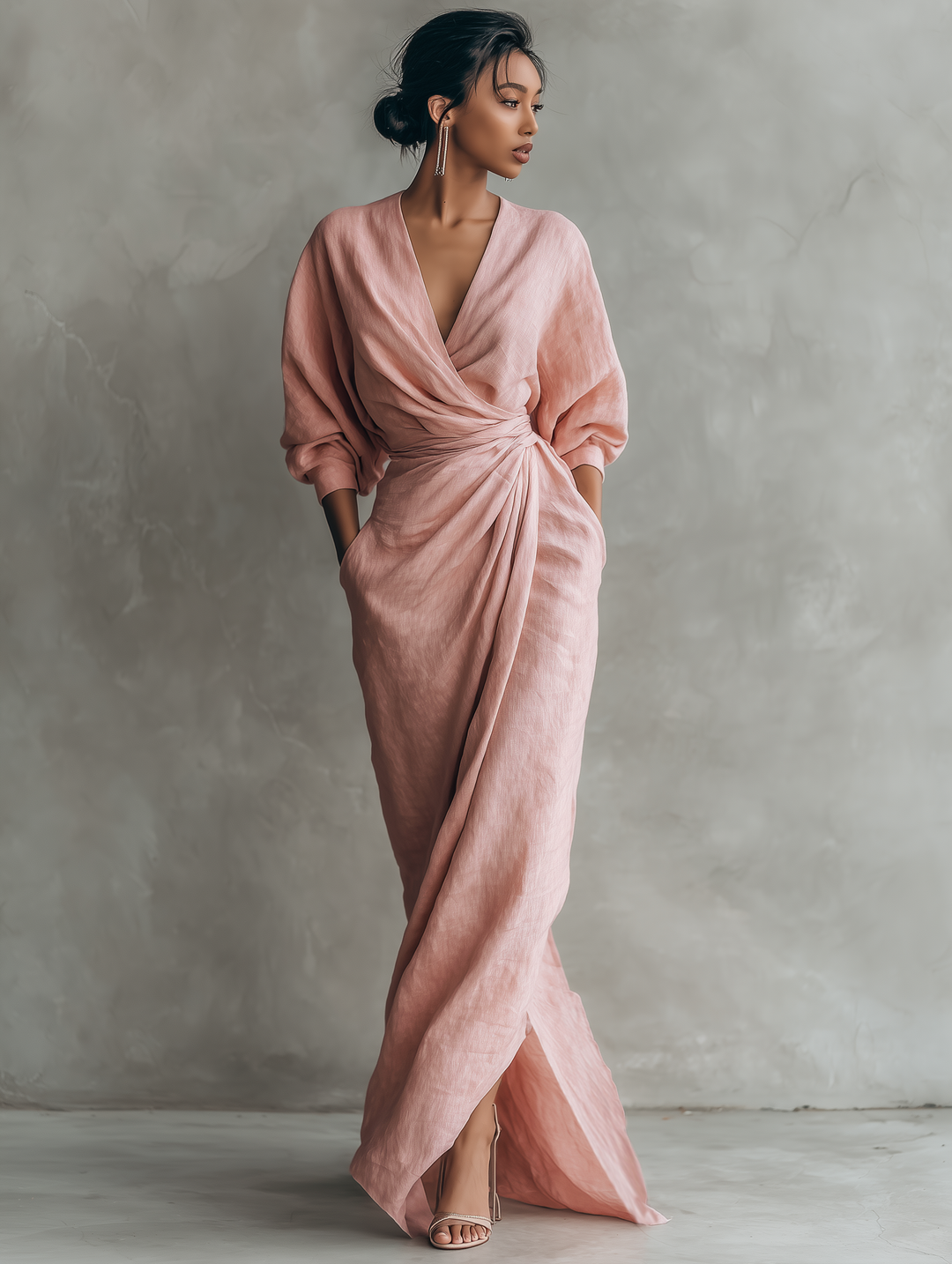 Céleste | Robe Maxi en Lin Rose avec Décolleté en V Femme