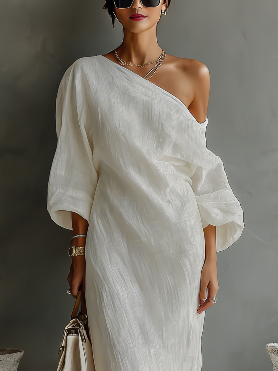 Capucine | Robe Fluide Ivoire avec Épaule Dégagée en Mélange de Lin Femme