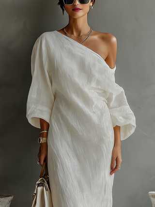 Capucine | Robe Fluide Ivoire avec Épaule Dégagée en Mélange de Lin Femme