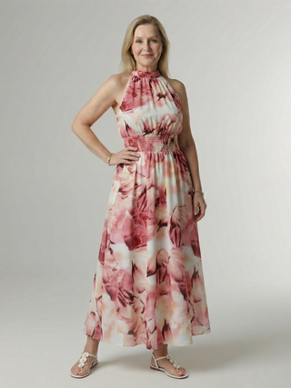 Michelle | Robe midi à encolure halter froncée femme
