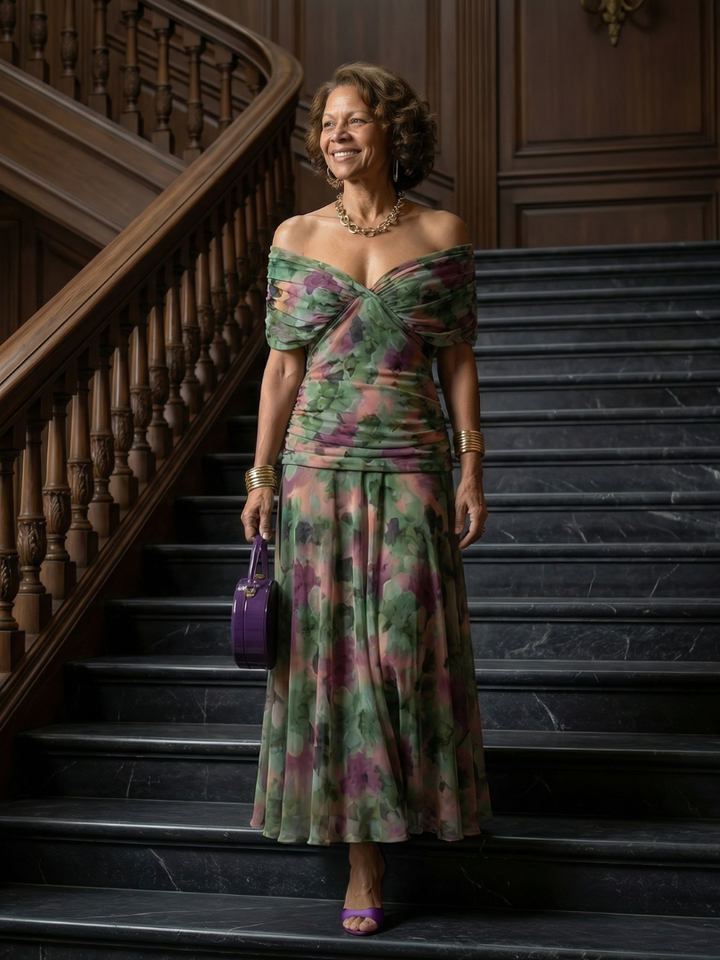 Pénélope | Robes midi fluides off-épaules femme