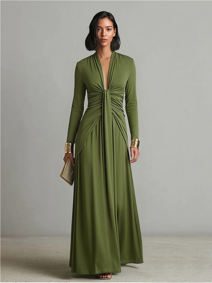 Charlotte | Robe Maxi en Soie Olive avec Décolleté en V Profond Femme