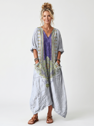 Raina — Robe midi femme brodée à empiècements contrastés
