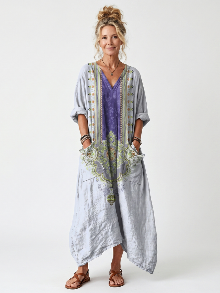 Raina — Robe midi femme brodée à empiècements contrastés