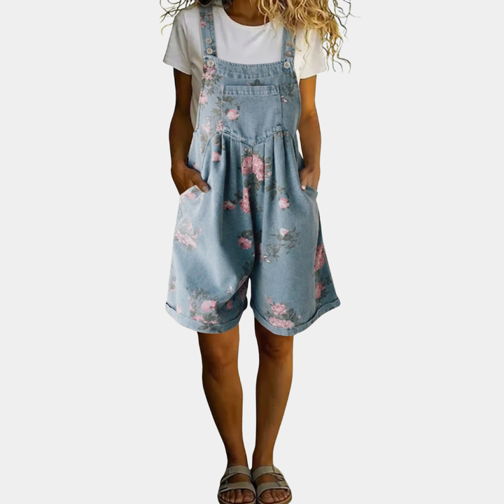Judy™ – La salopette short en denim fleuri, douce et légère pour l'été