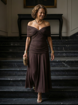 Pénélope | Robes midi fluides off-épaules femme