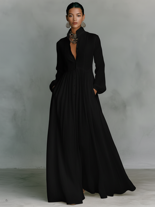 Noémie | Robe Maxi en Lin avec Détails Patchwork et Col Haut Femme