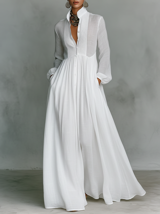 Noémie | Robe Maxi en Lin avec Détails Patchwork et Col Haut Femme