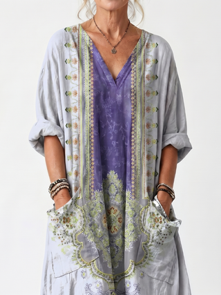 Raina — Robe midi femme brodée à empiècements contrastés