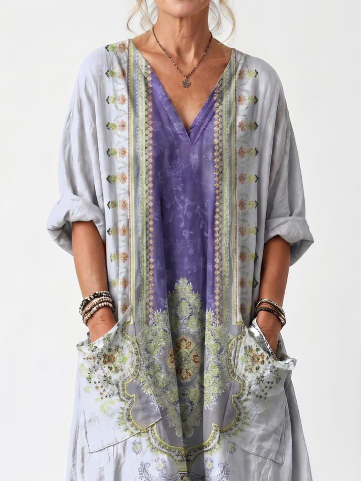 Raina — Robe midi femme brodée à empiècements contrastés