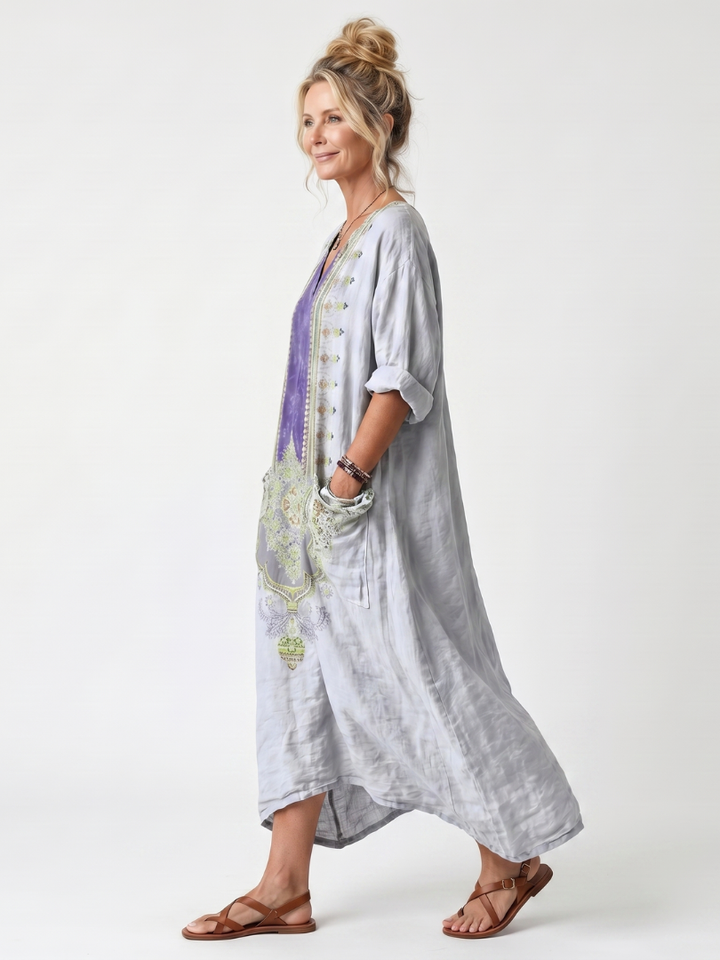 Raina — Robe midi femme brodée à empiècements contrastés