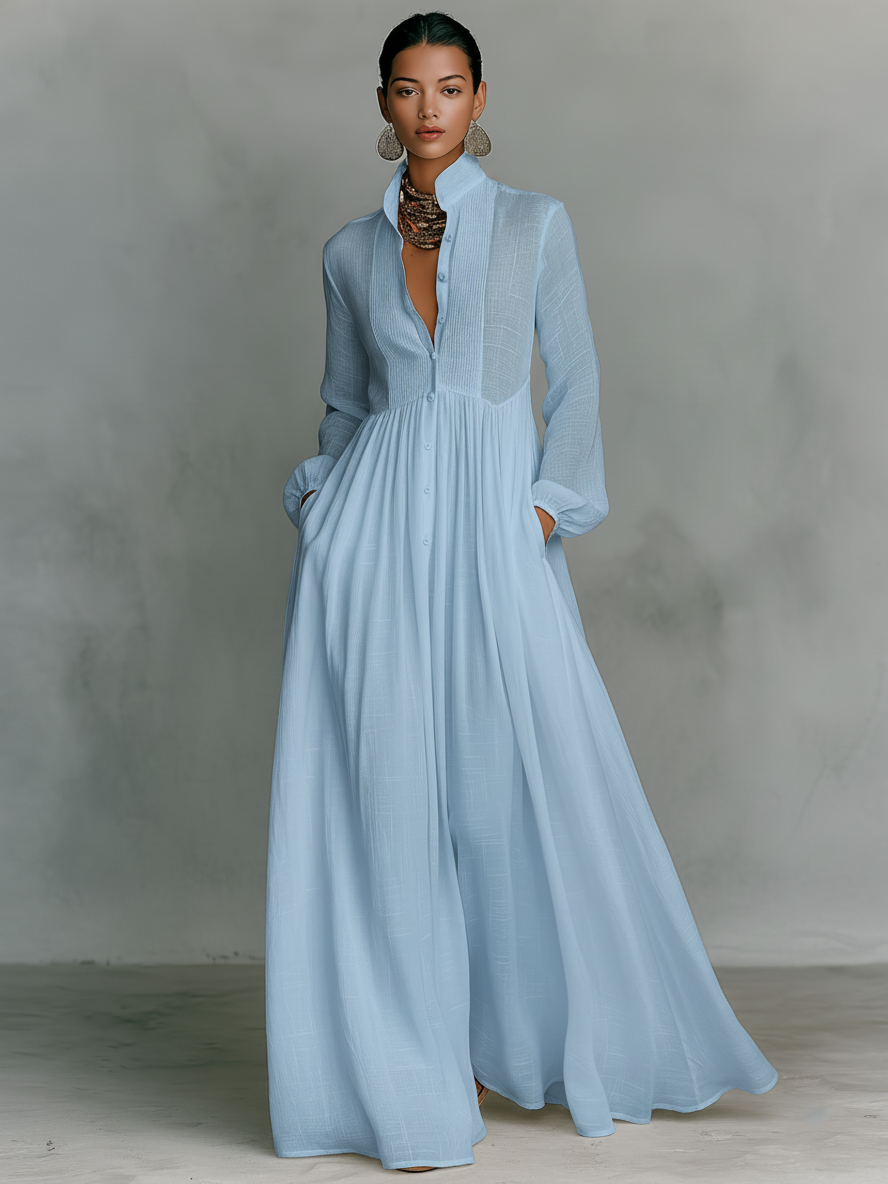 Noémie | Robe Maxi en Lin avec Détails Patchwork et Col Haut Femme