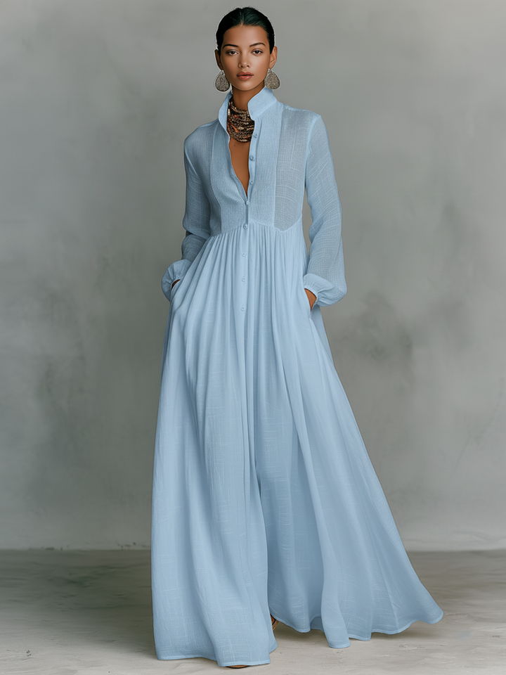 Noémie | Robe Maxi en Lin avec Détails Patchwork et Col Haut Femme