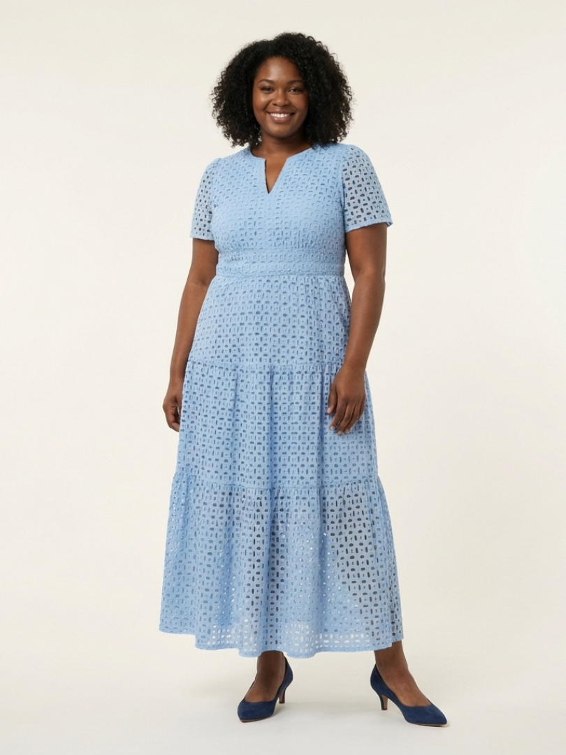 Julie | Robe midi à manches courtes et col V étagée femme