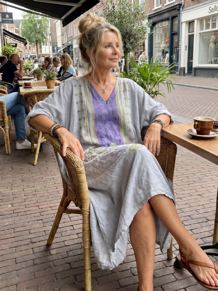 Raina — Robe midi femme brodée à empiècements contrastés