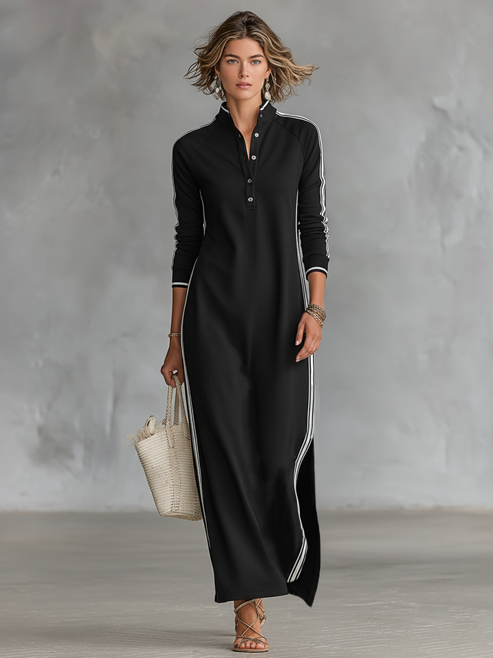 Geneviève | Robe Maxi en Sweat avec Col à Boutons Femme
