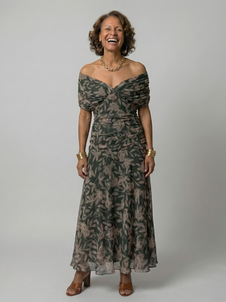 Pénélope | Robes midi fluides off-épaules femme