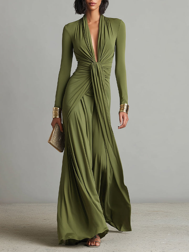 Charlotte | Robe Maxi en Soie Olive avec Décolleté en V Profond Femme