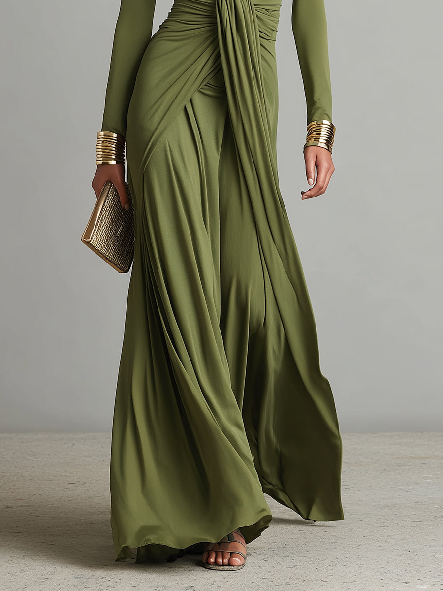 Charlotte | Robe Maxi en Soie Olive avec Décolleté en V Profond Femme