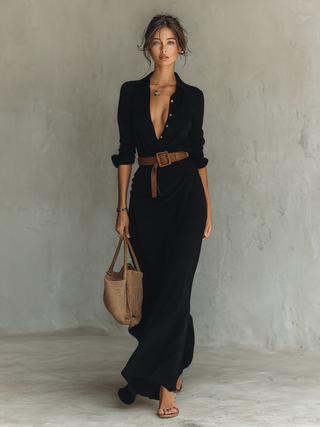 Fleur | Robe Longue avec Revers et Manches Longues Femme