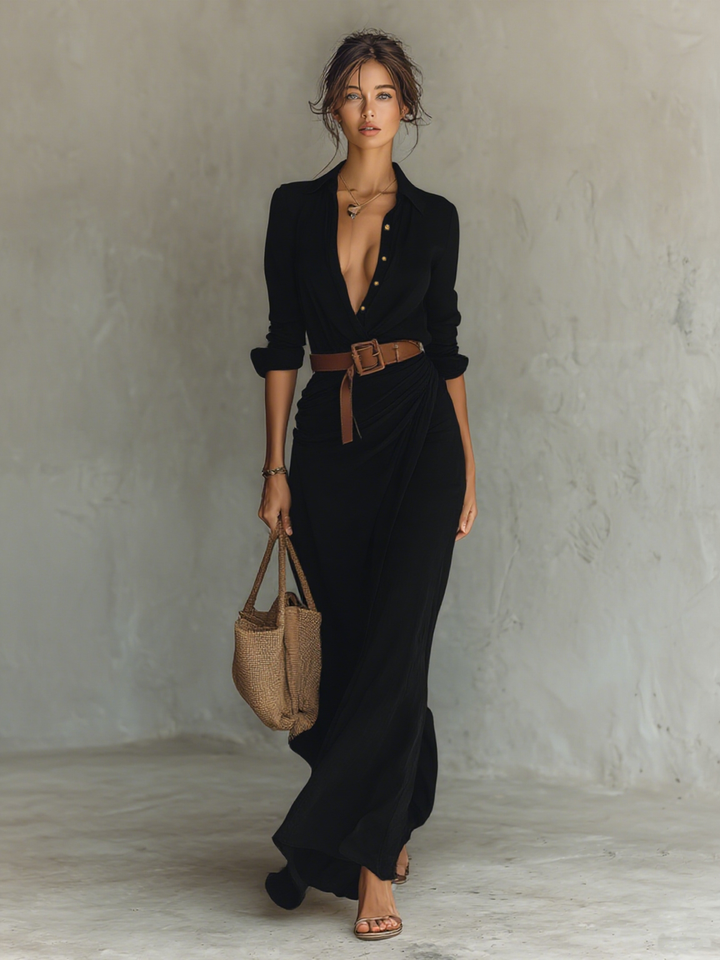Fleur | Robe Longue avec Revers et Manches Longues Femme