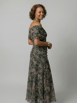 Pénélope | Robes midi fluides off-épaules femme