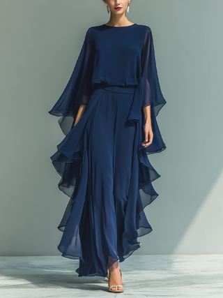 Ambre | Ensemble en Chiffon Bleu Marine à Manches Évasées et Volants Femme