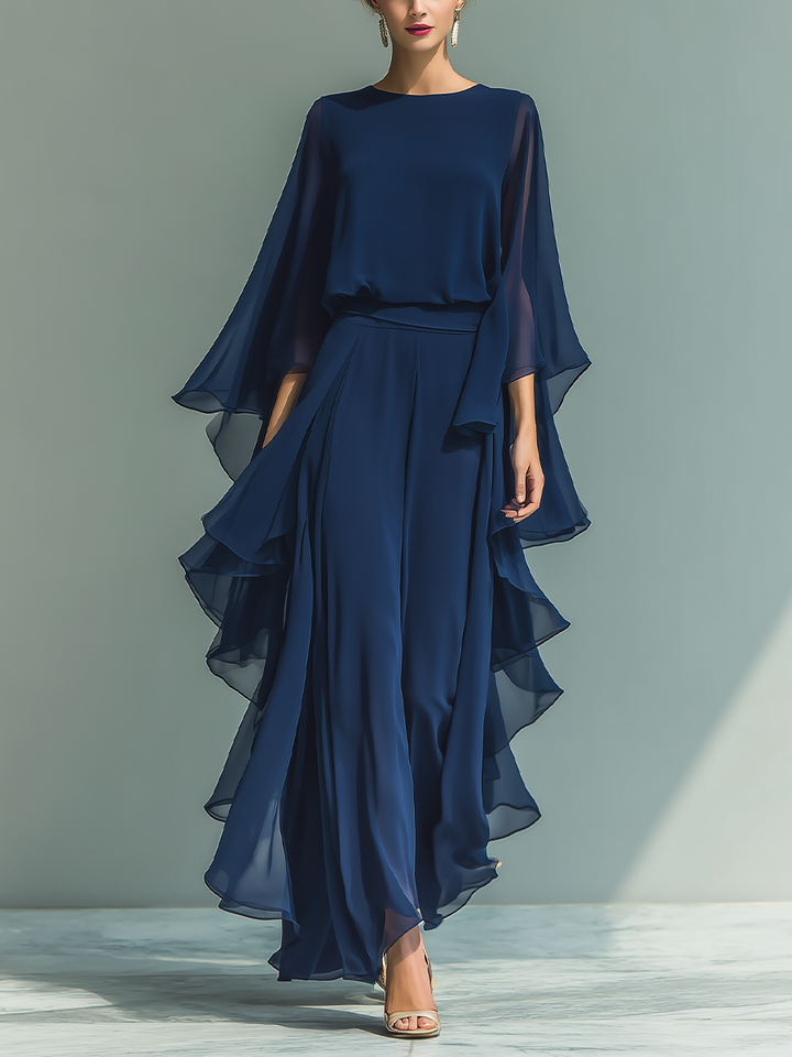 Ambre | Ensemble en Chiffon Bleu Marine à Manches Évasées et Volants Femme