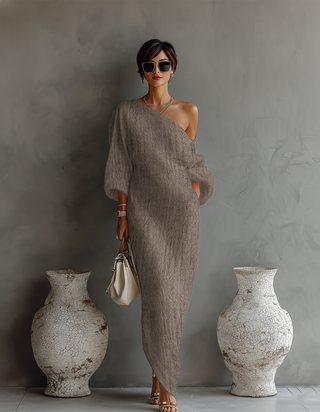 Capucine | Robe Fluide Ivoire avec Épaule Dégagée en Mélange de Lin Femme