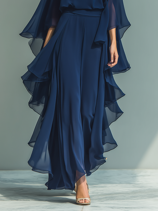 Ambre | Ensemble en Chiffon Bleu Marine à Manches Évasées et Volants Femme