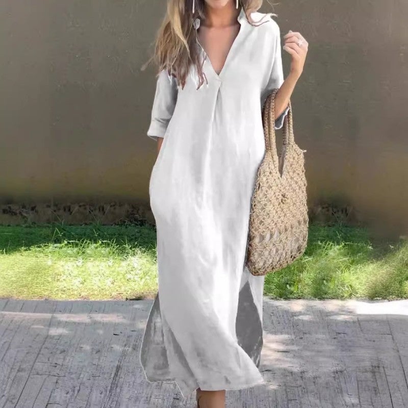 Elena | Robe maxi femme col V à manches longues