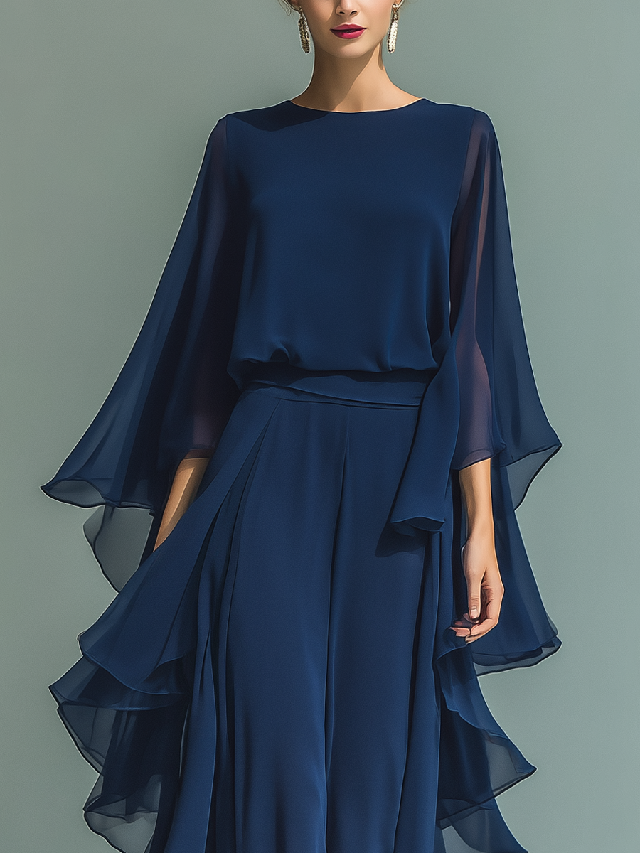 Ambre | Ensemble en Chiffon Bleu Marine à Manches Évasées et Volants Femme